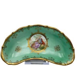 Vtg‎ Arnart Japan Porcelain Crescent Bone Dish Courting Couple Gold Gilt Trinket